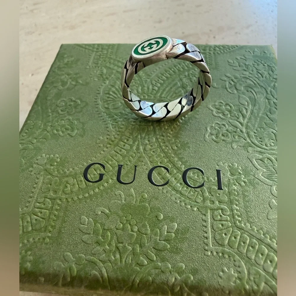 NWT Gucci Interlocking G Green Enamel Sterling Silver Ring Designer Size:20
